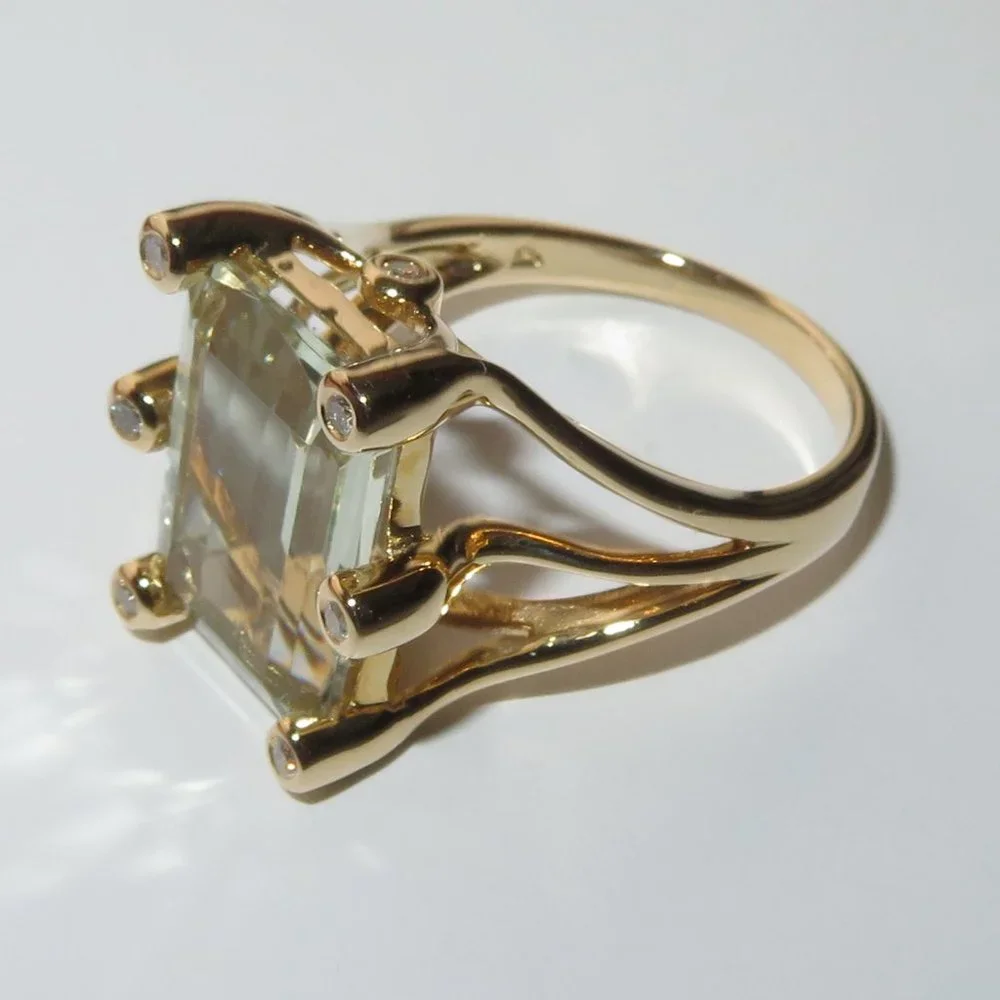 Natural Prasiolite Green Quartz Natural Diamonds 14K Yellow Gold Cocktail Ring